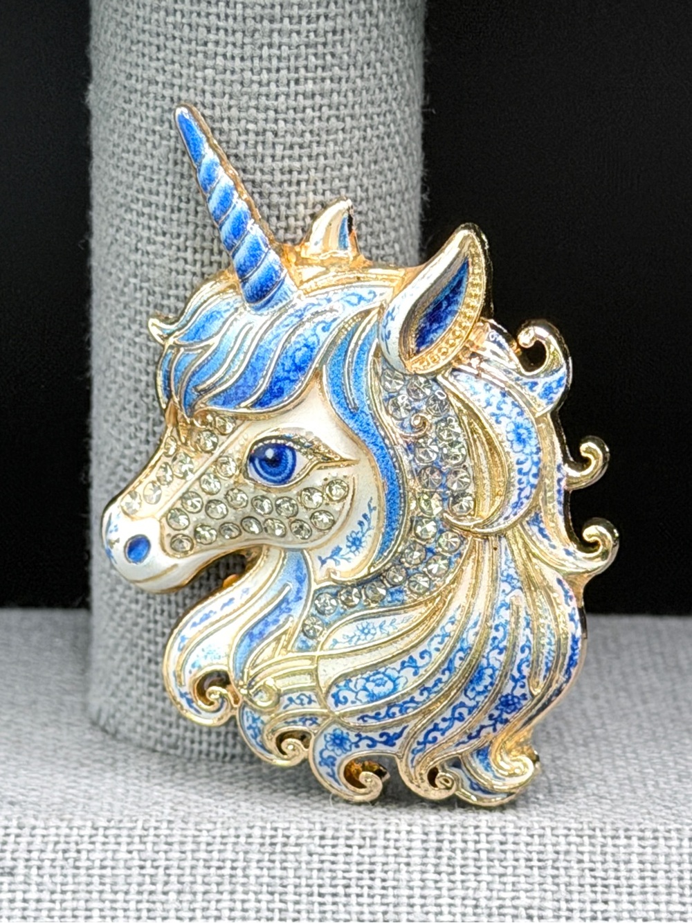 Unicorn Brooch Blue & White w/Rhinestones